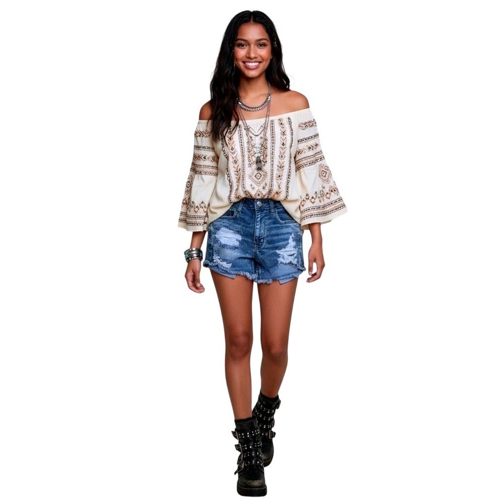 American Eagle Distressed Denim Shorts Size 6 Blue Boho Festival Cutoffs Casual‎